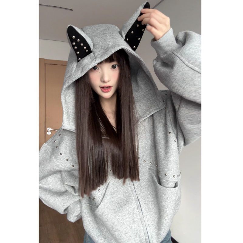 Vintage Zip Hoodie - Y2K Vintage Cute Devil Ear Studded