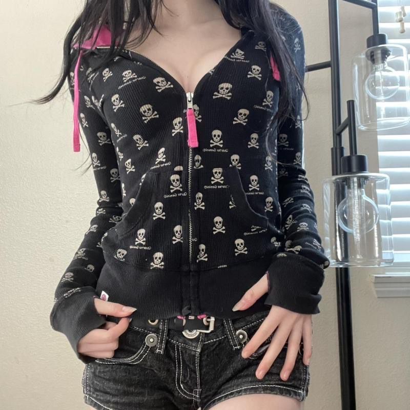 Gothic Skeleton Print Cardigan - Vintage Zip Hoodie 评论和价格