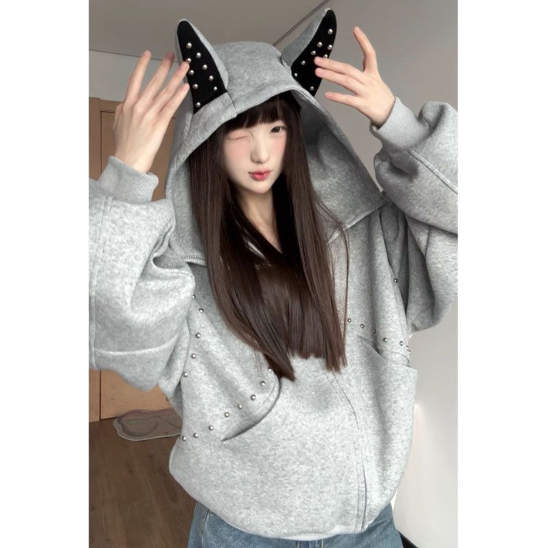 Y2K Vintage Cute Devil Ear Stu - Vintage Zip Hoodie 评论和价格
