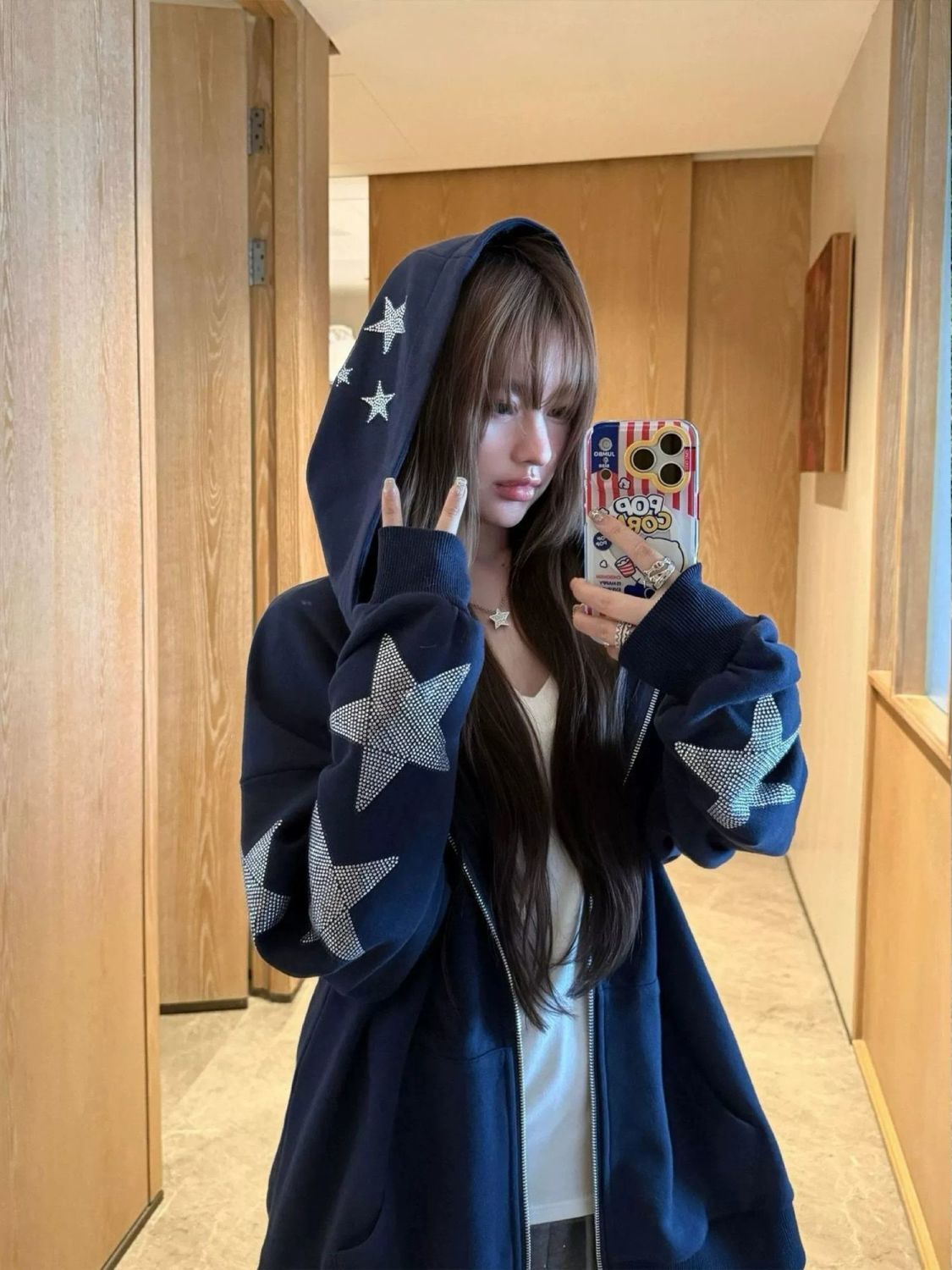 Korean Vintage Navy Blue Star  - Vintage Zip Hoodie 评论和价格