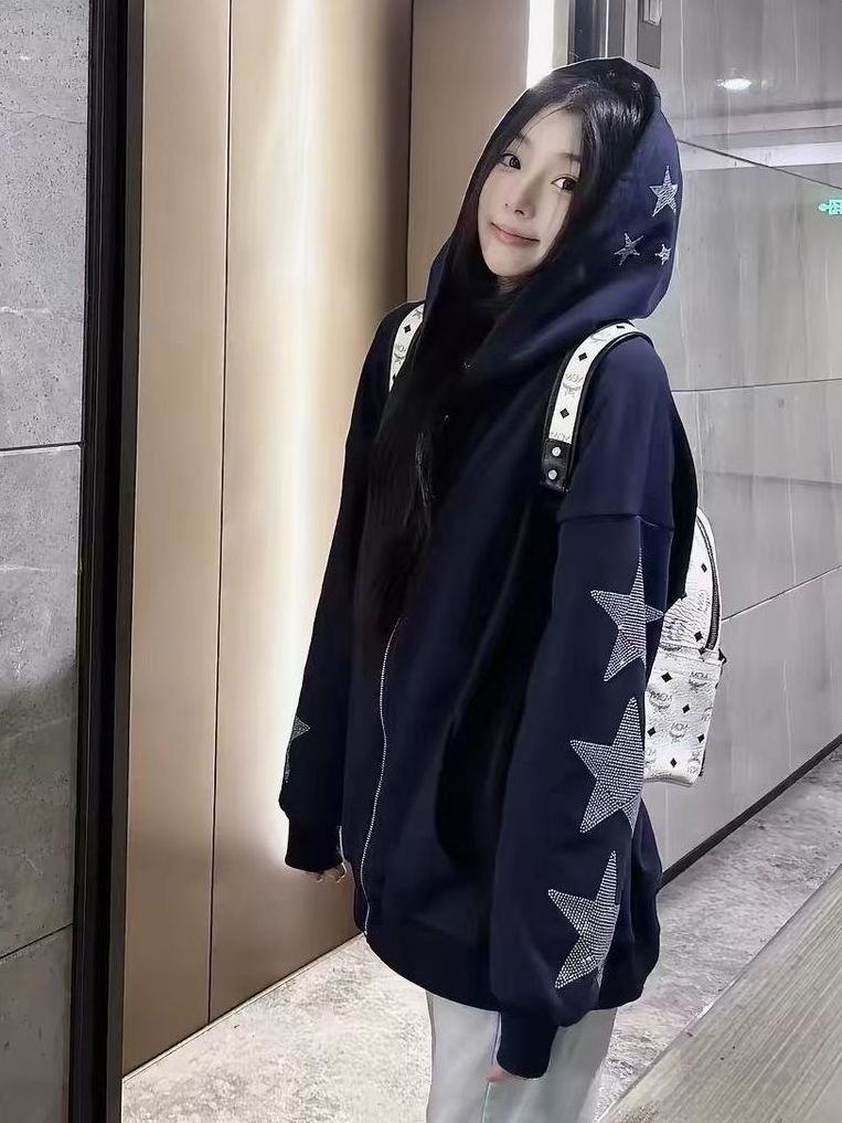 Korean Vintage Navy Blue Star  - Vintage Zip Hoodie 评论和价格